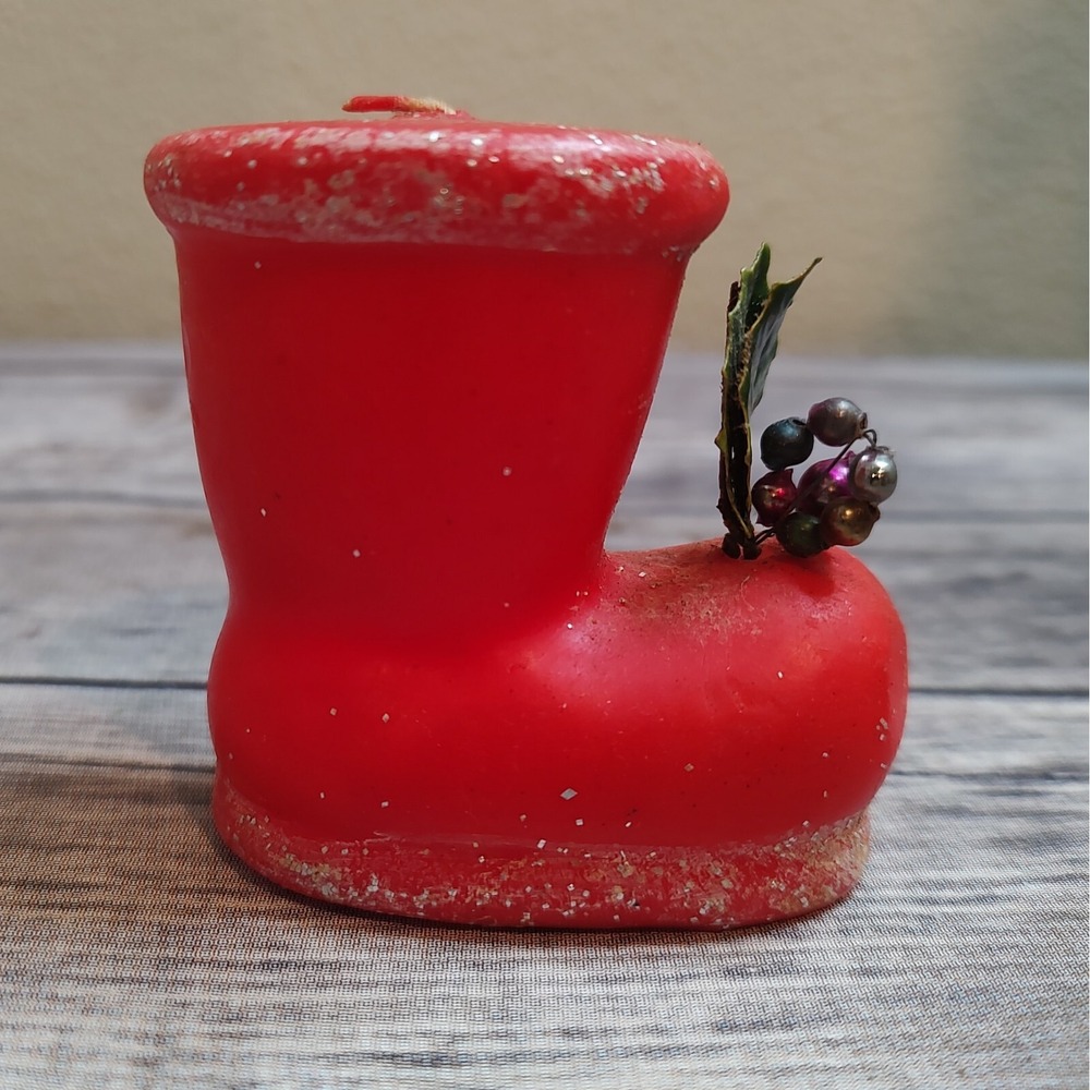Vtg Christmas Candle Santa's Boot Holly Beads Glitter Trim A14